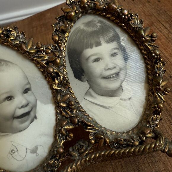 Vintage Rubbed Brass Tone Double Frame Table Top 3” x 3” - Picture 4 of 7